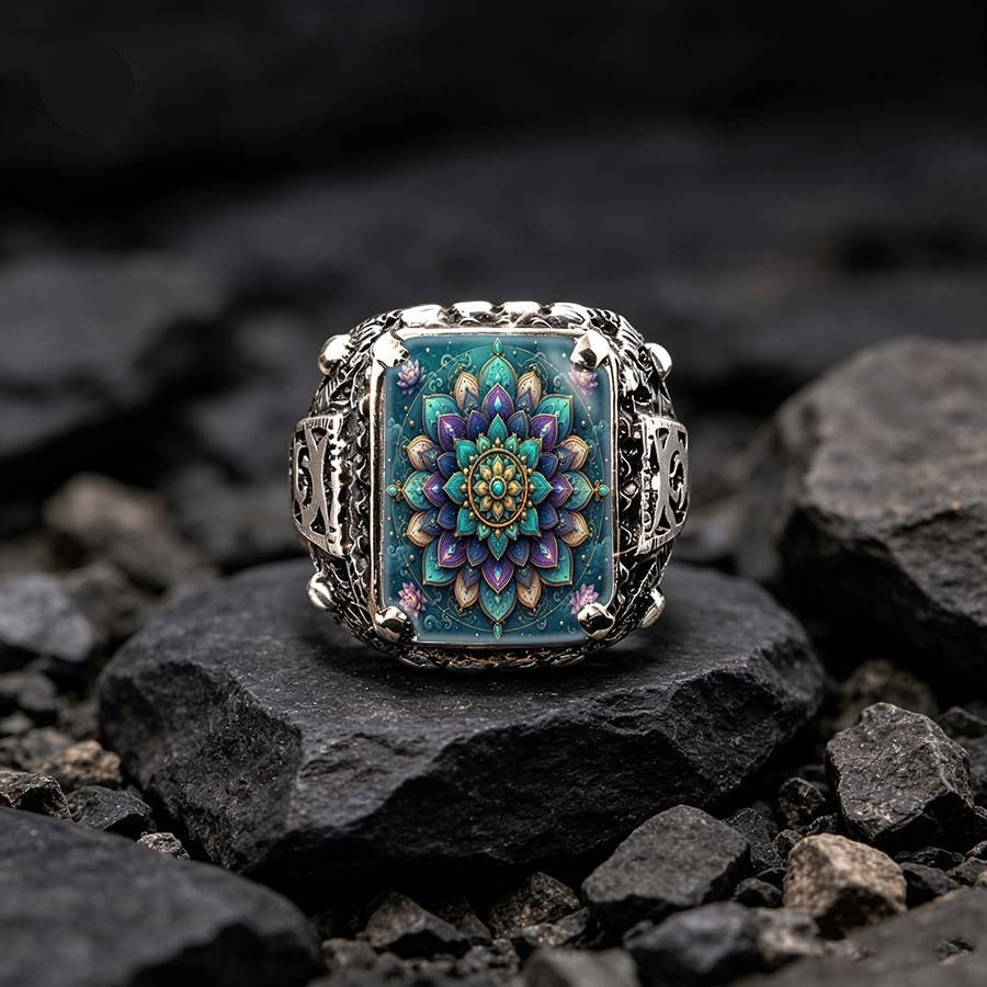 Teal Mandala Square Ring