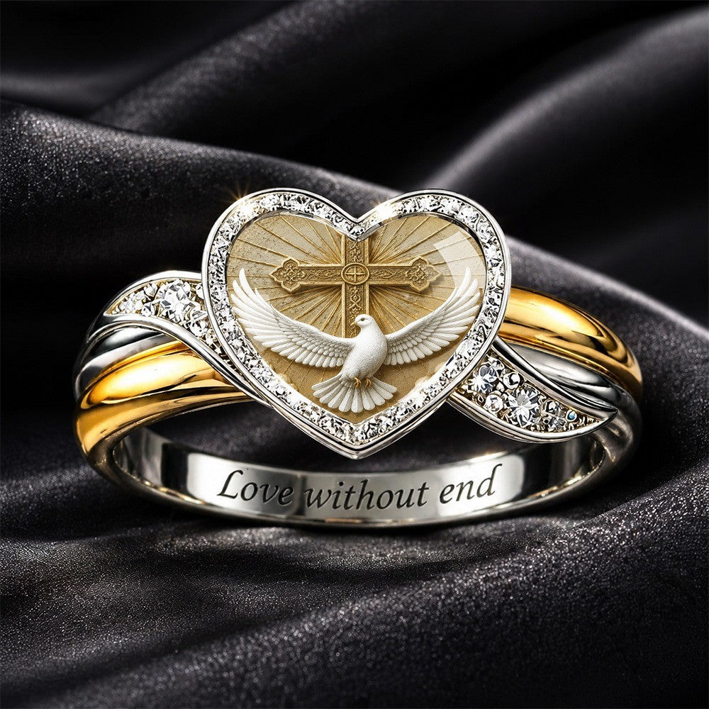 Two-Tone Dove & Cross Heart Ring