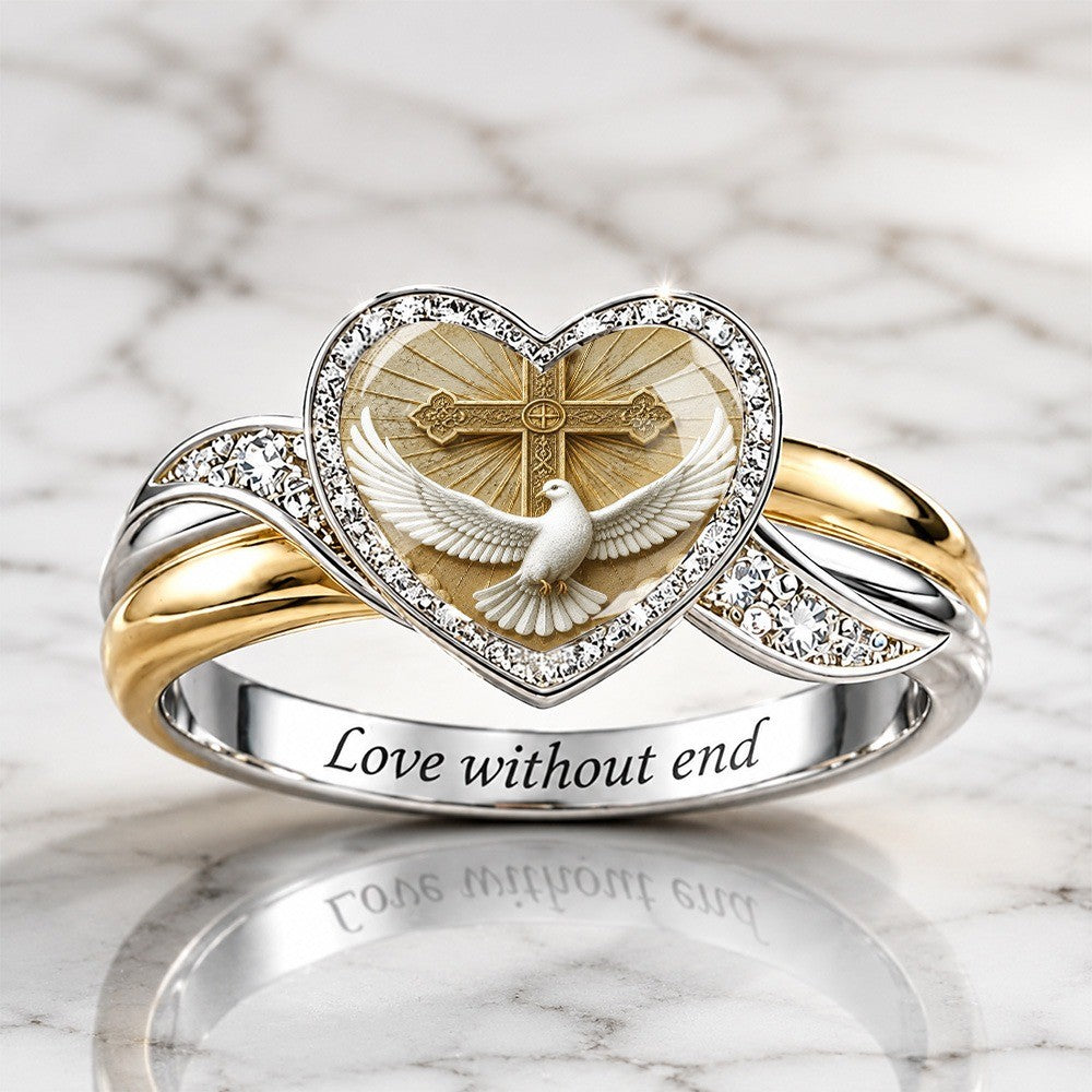 Two-Tone Dove & Cross Heart Ring