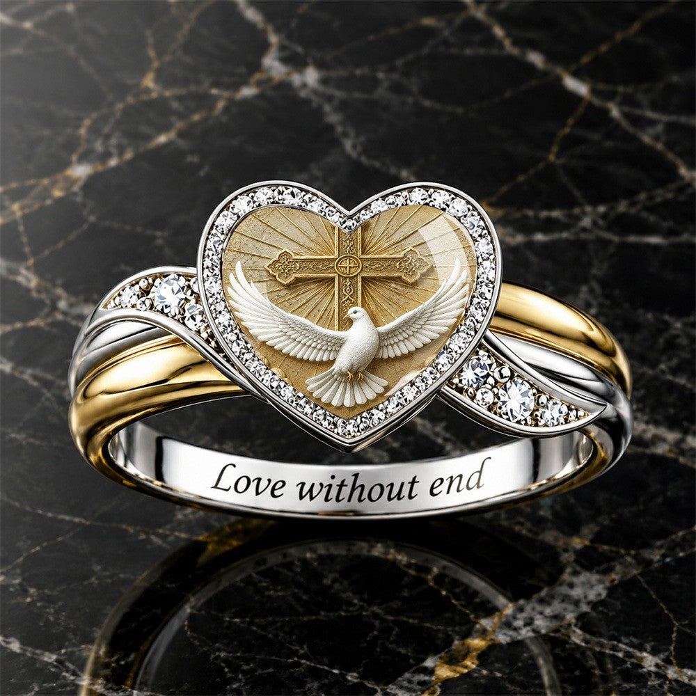 Two-Tone Dove & Cross Heart Ring