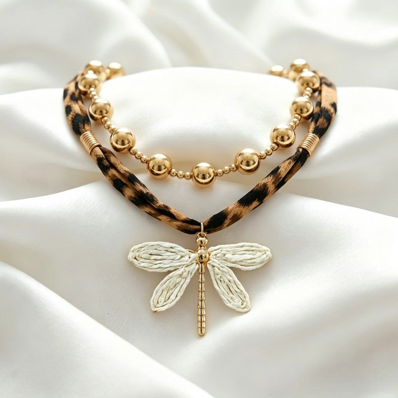 Leopard Dragonfly Layered Necklace