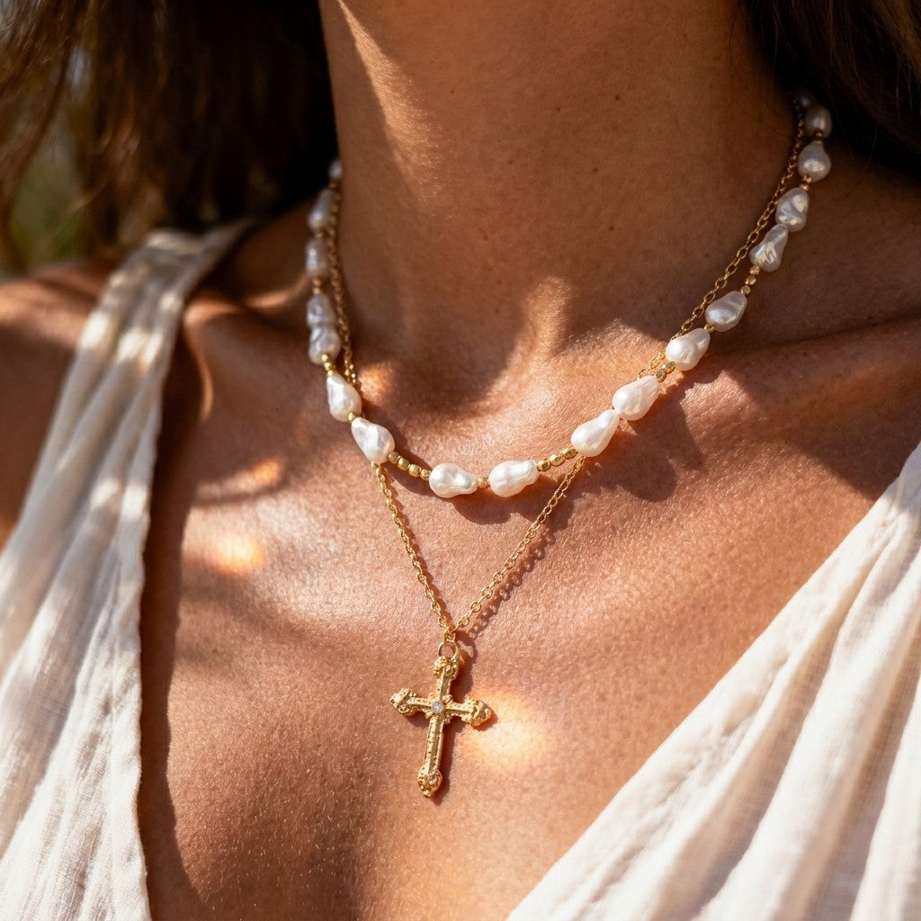 Irregular Pearl & Cross Layered Necklace