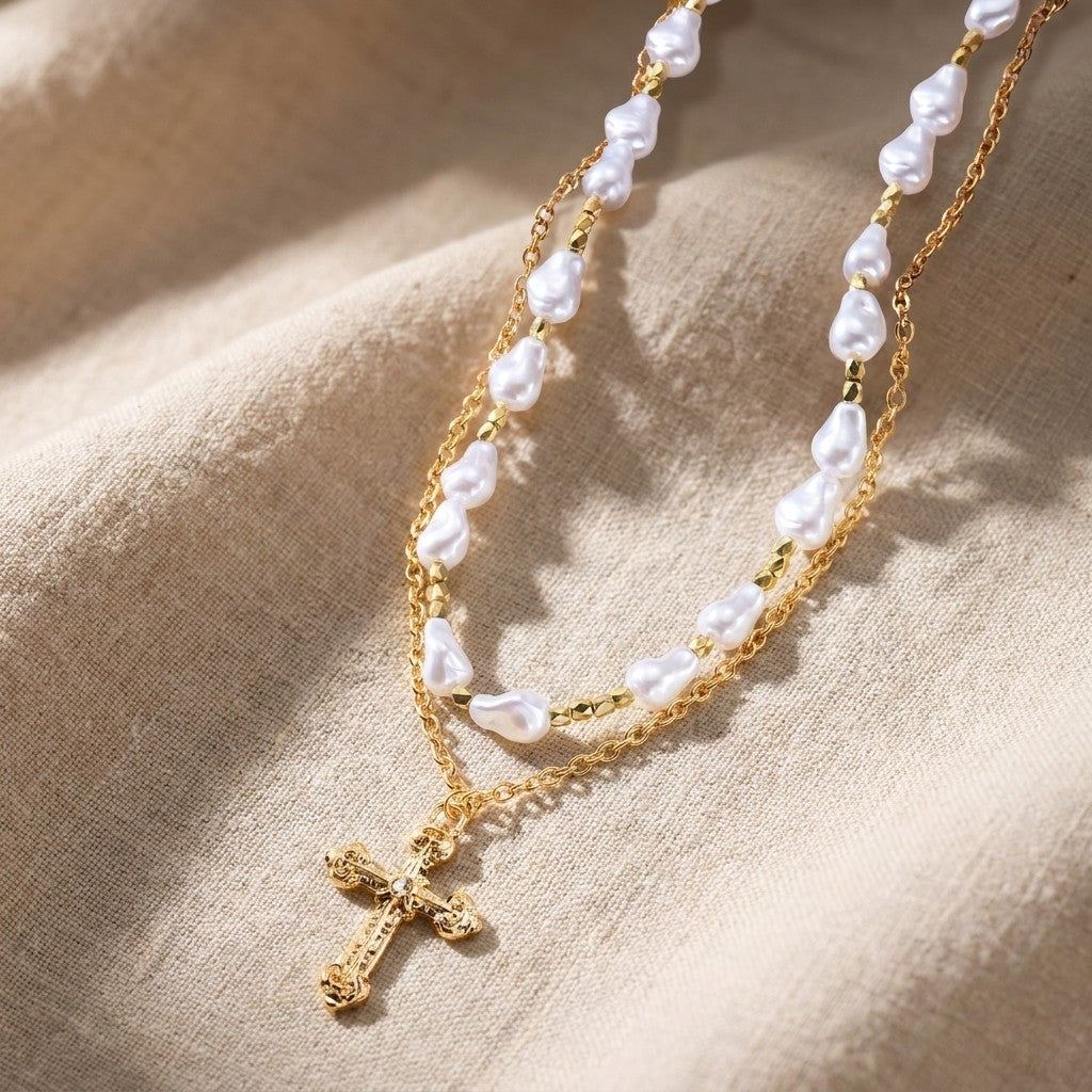 Irregular Pearl & Cross Layered Necklace