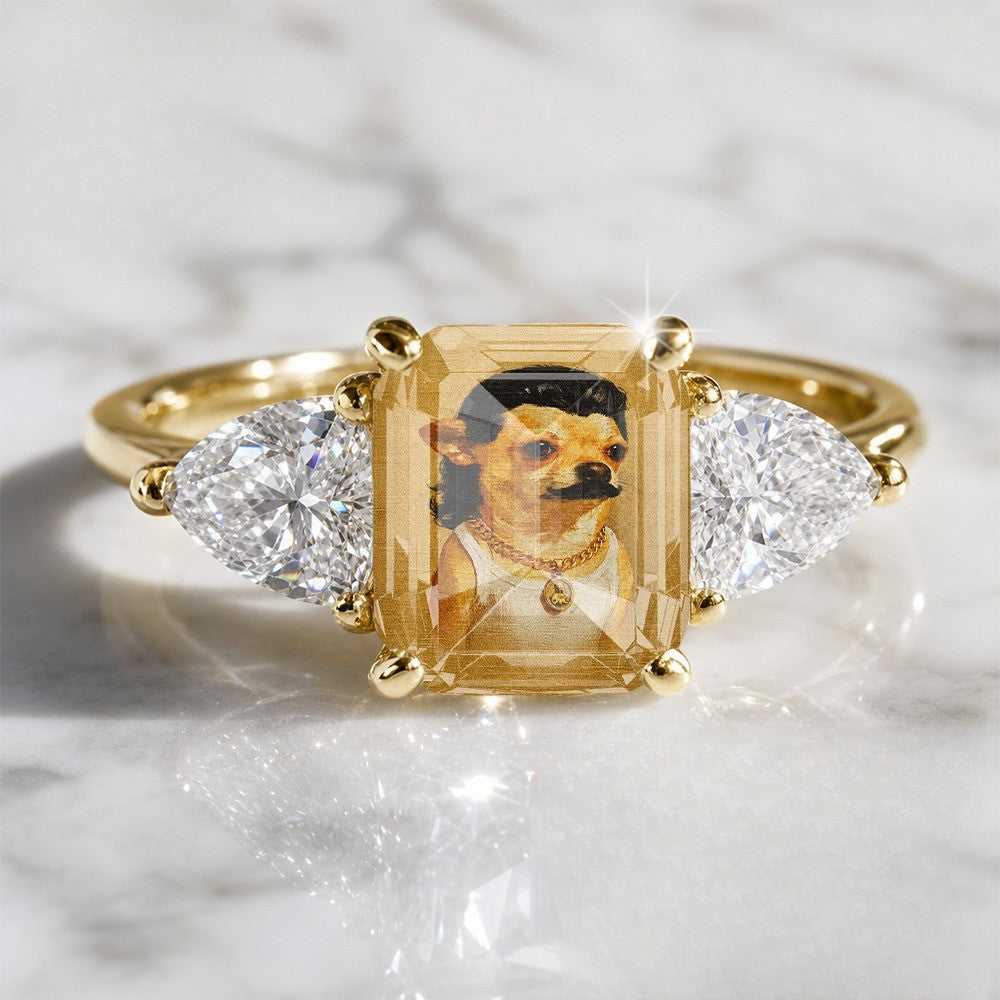 Chihuahua Portrait Three Stone Ring