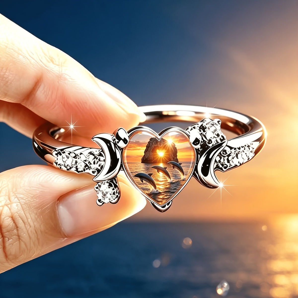 Sunset Dolphin Heart Ring