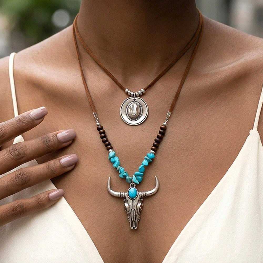 Turquoise Bull Skull & Coin Layered Necklace