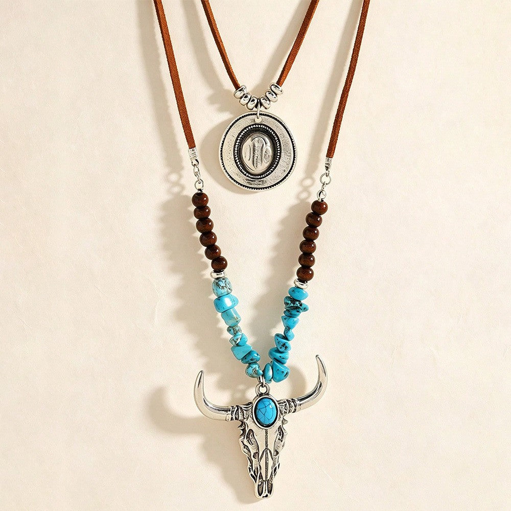 Turquoise Bull Skull & Coin Layered Necklace