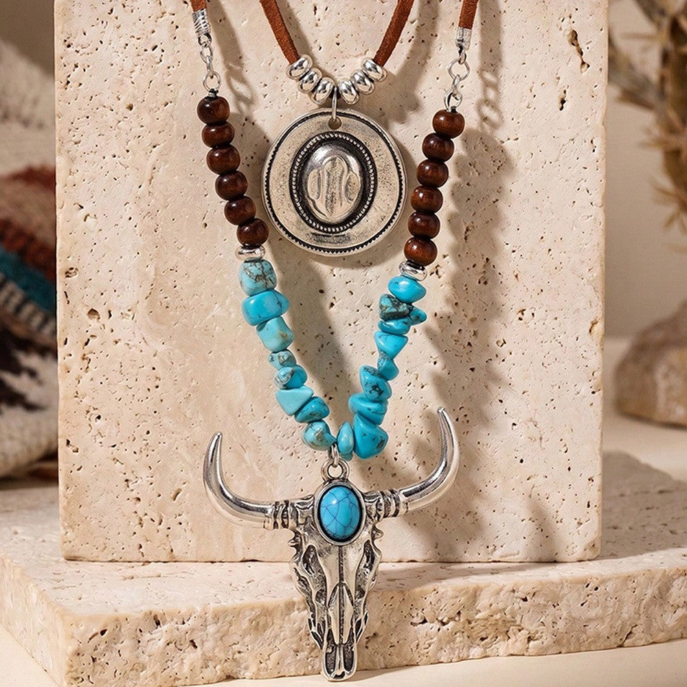 Turquoise Bull Skull & Coin Layered Necklace