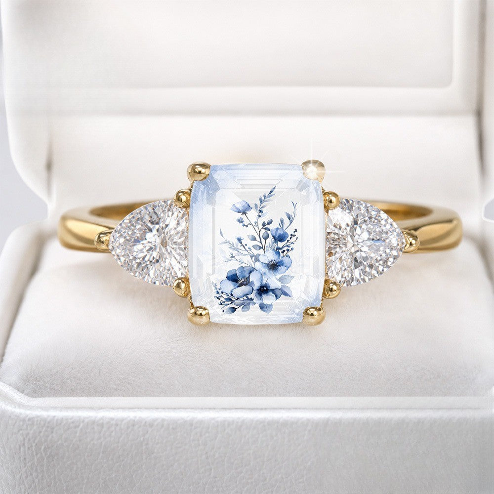 Blue Floral Three Stone Ring