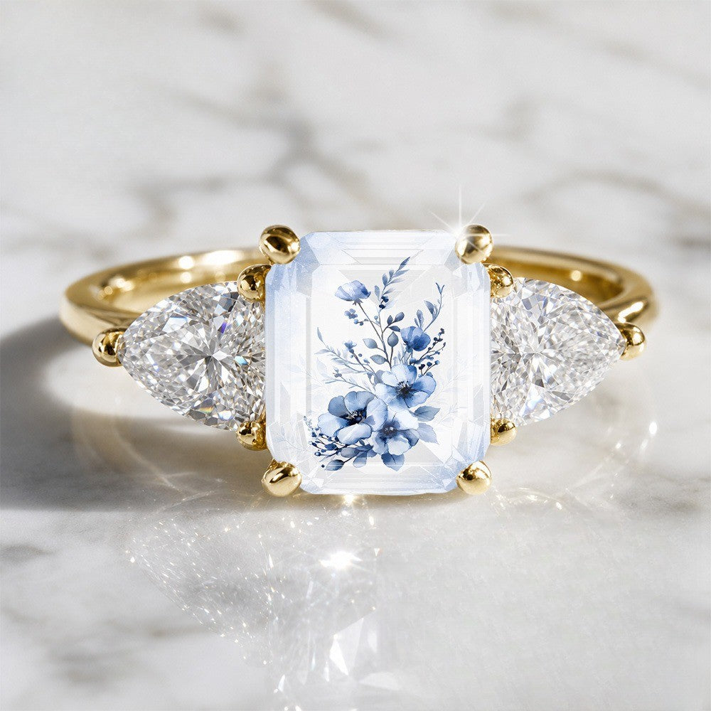 Blue Floral Three Stone Ring