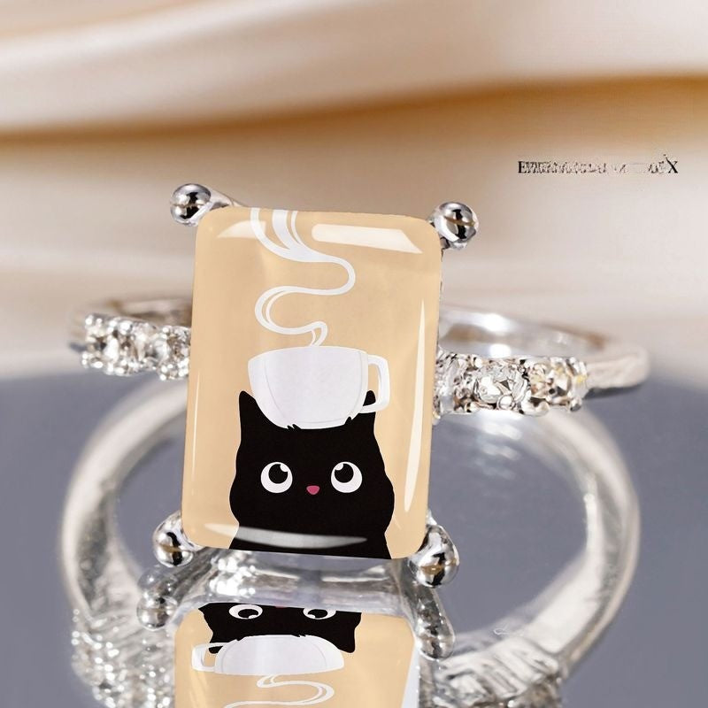 Black Cat Coffee Cup Square Ring