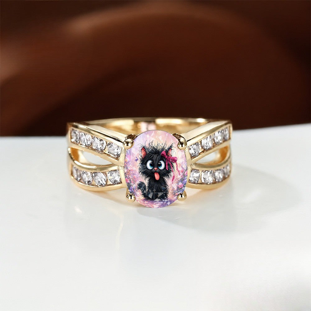 Pink Floral Black Cat Statement Ring