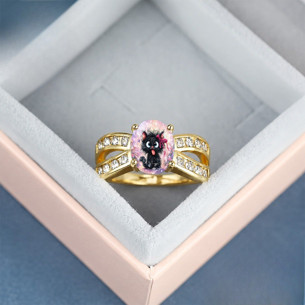 Pink Floral Black Cat Statement Ring