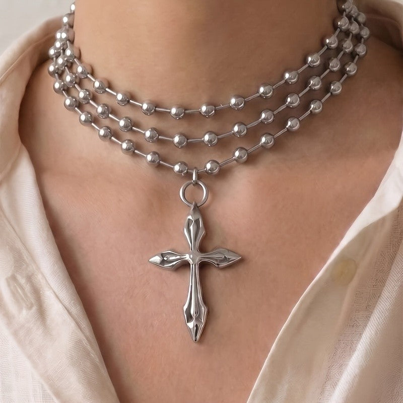 Triple Strand Bead Cross Necklace