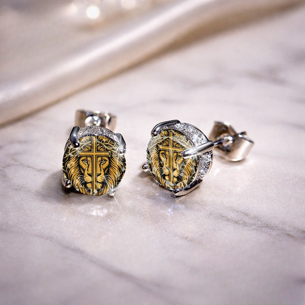 Lion Cross Crystal Stud Earrings