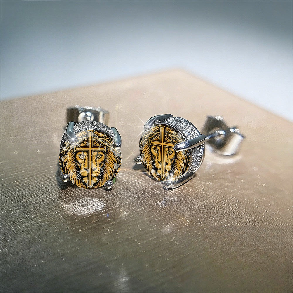 Lion Cross Crystal Stud Earrings