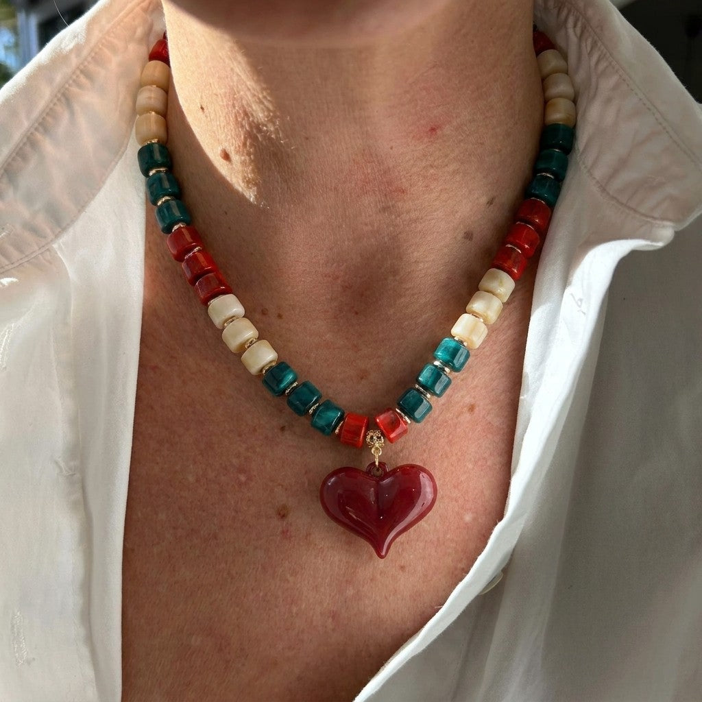 Crimson & Teal Beaded Heart Necklace