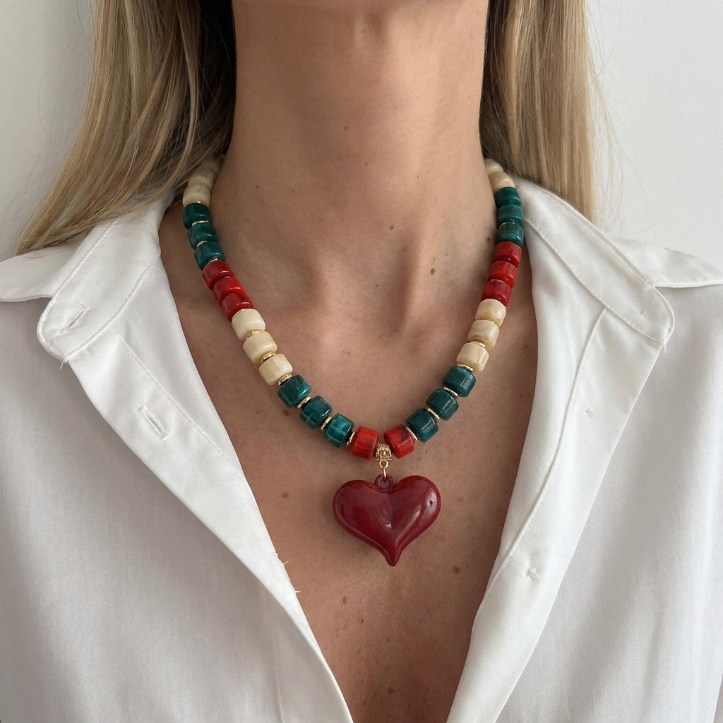 Crimson & Teal Beaded Heart Necklace