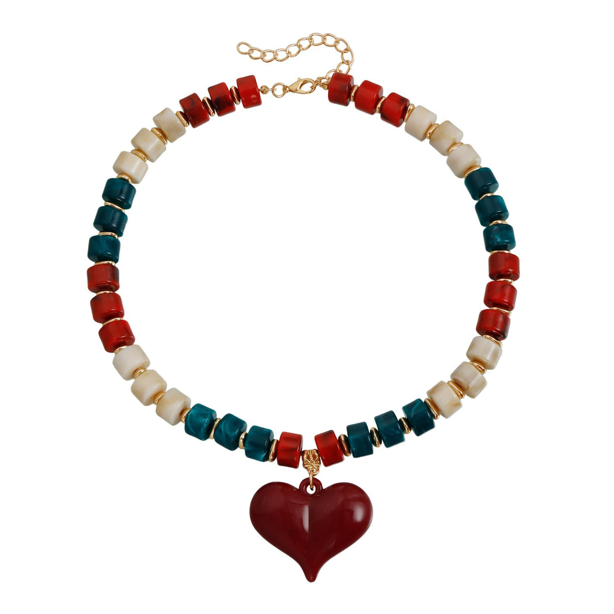 Crimson & Teal Beaded Heart Necklace