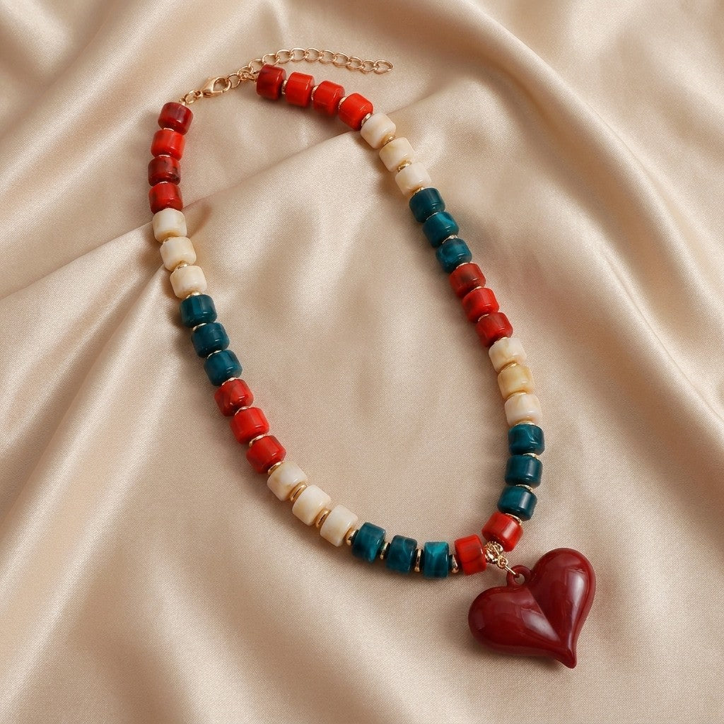 Crimson & Teal Beaded Heart Necklace