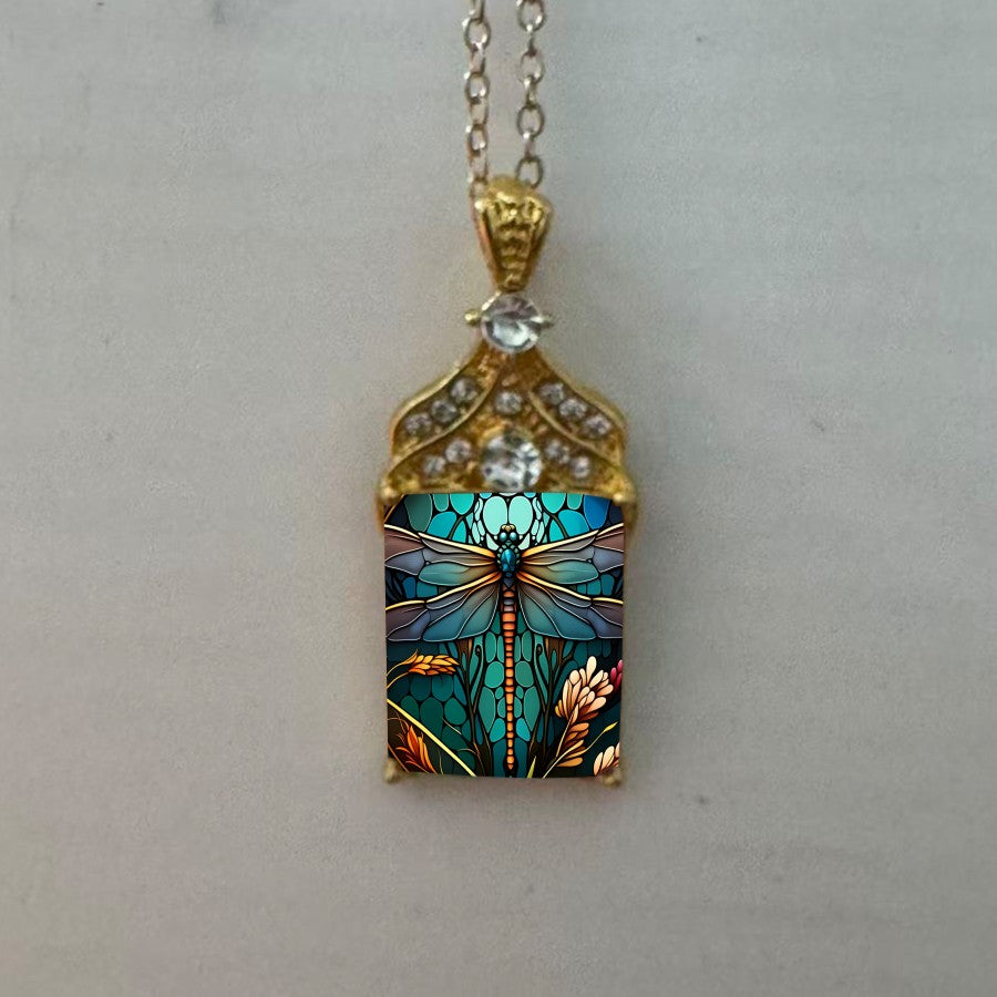 Dragonfly Garden Square Pendant Necklace