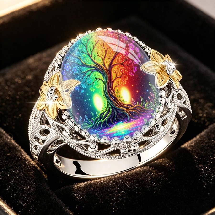 Rainbow Tree of Life Floral Ring