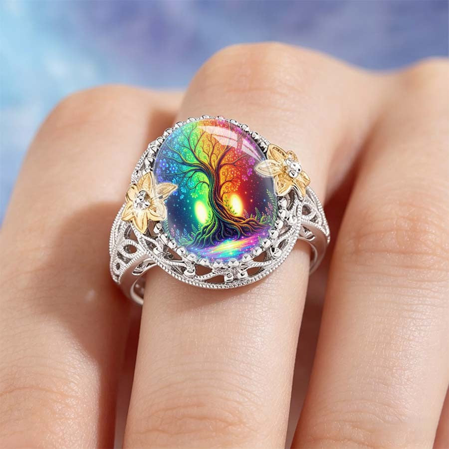 Rainbow Tree of Life Floral Ring