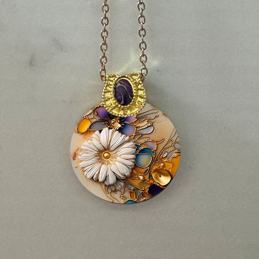 Multicolor Floral Disc Pendant Necklace