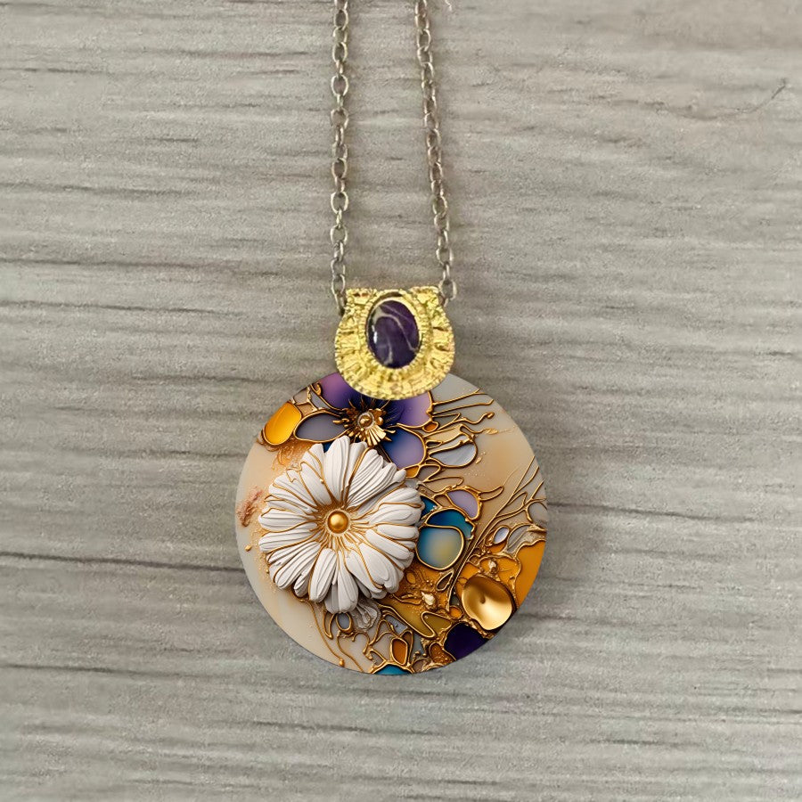 Multicolor Floral Disc Pendant Necklace
