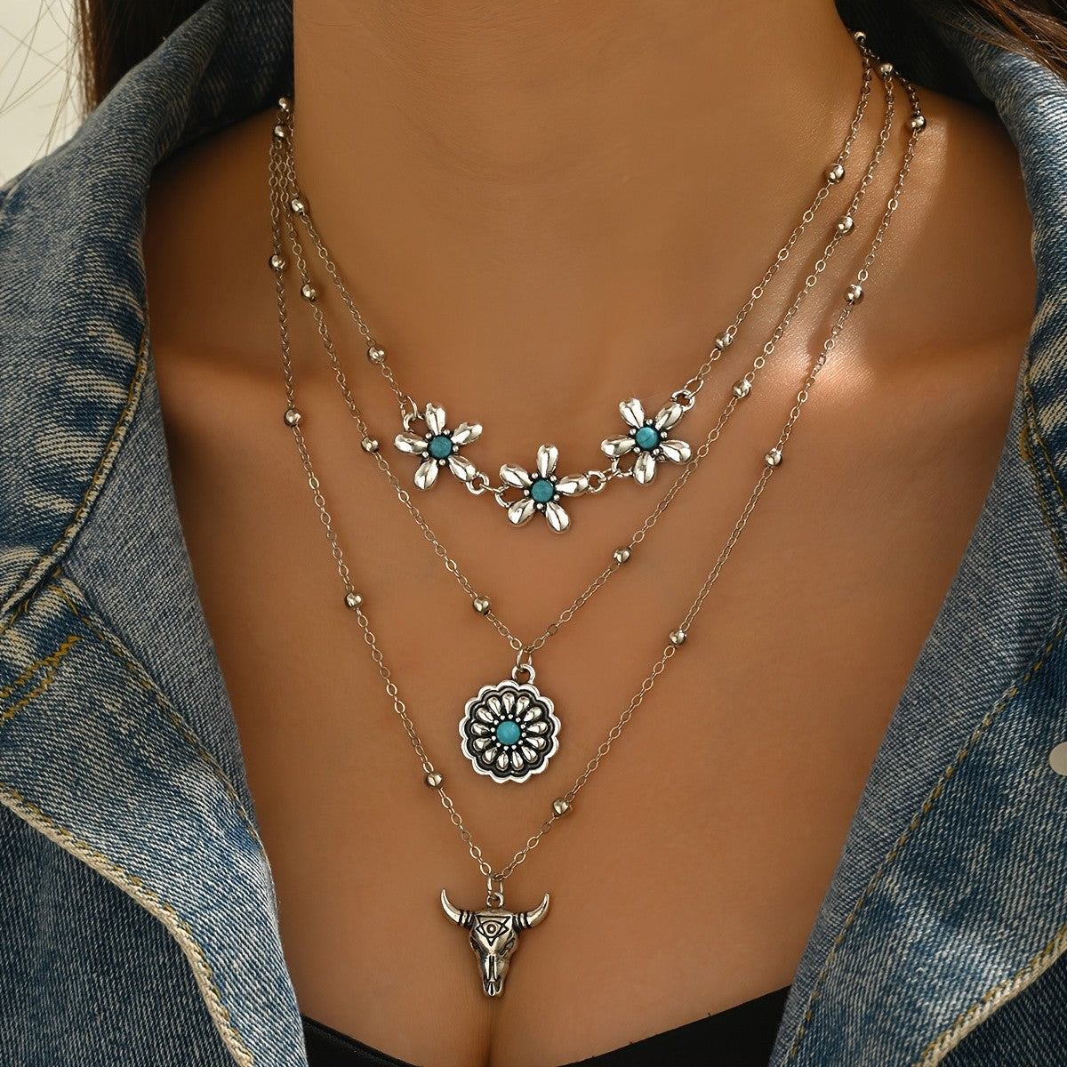 Layered Turquoise Flower & Bull Head Necklace