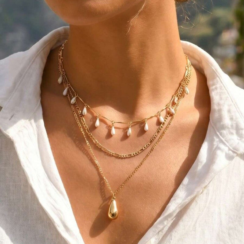 3pc Water Drop Pearl Layered Necklace Set