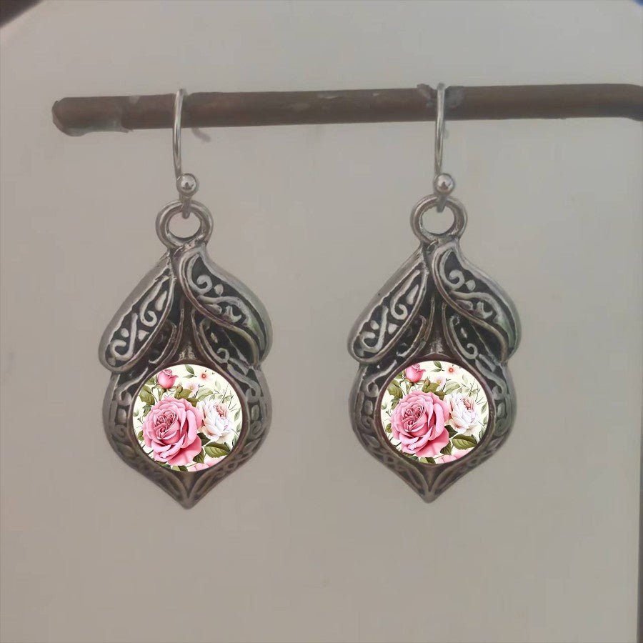 Pink Rose Filigree Drop Earrings