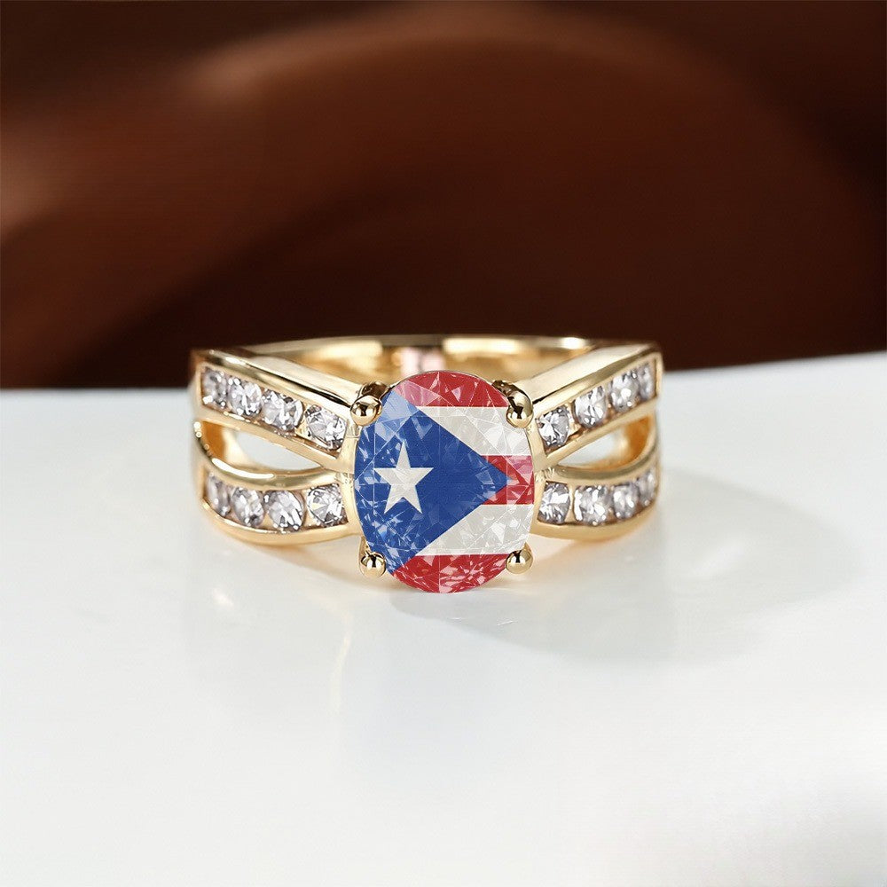 Puerto Rican Flag Crystal Split Band Ring