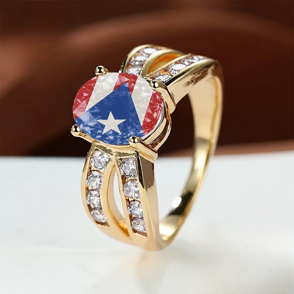 Puerto Rican Flag Crystal Split Band Ring
