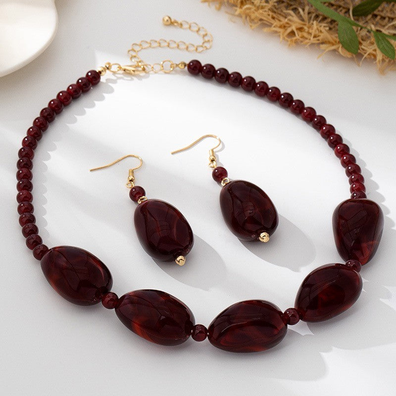 Wine Red Beaded Necklace & Earring Set