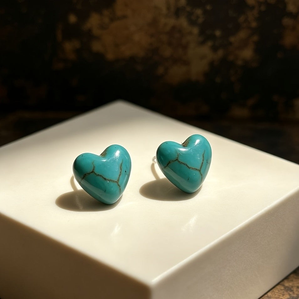 Synthetic Turquoise Heart Stud Earrings
