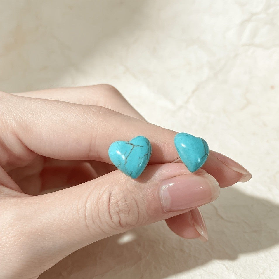 Synthetic Turquoise Heart Stud Earrings