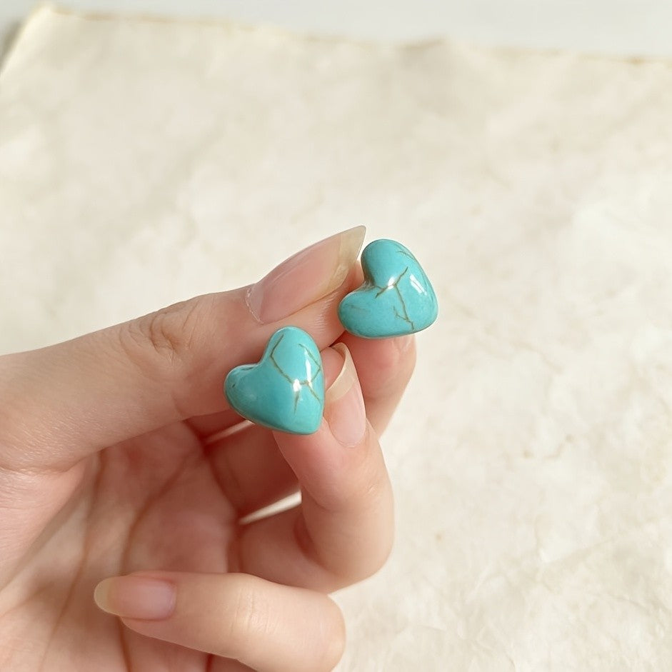 Synthetic Turquoise Heart Stud Earrings
