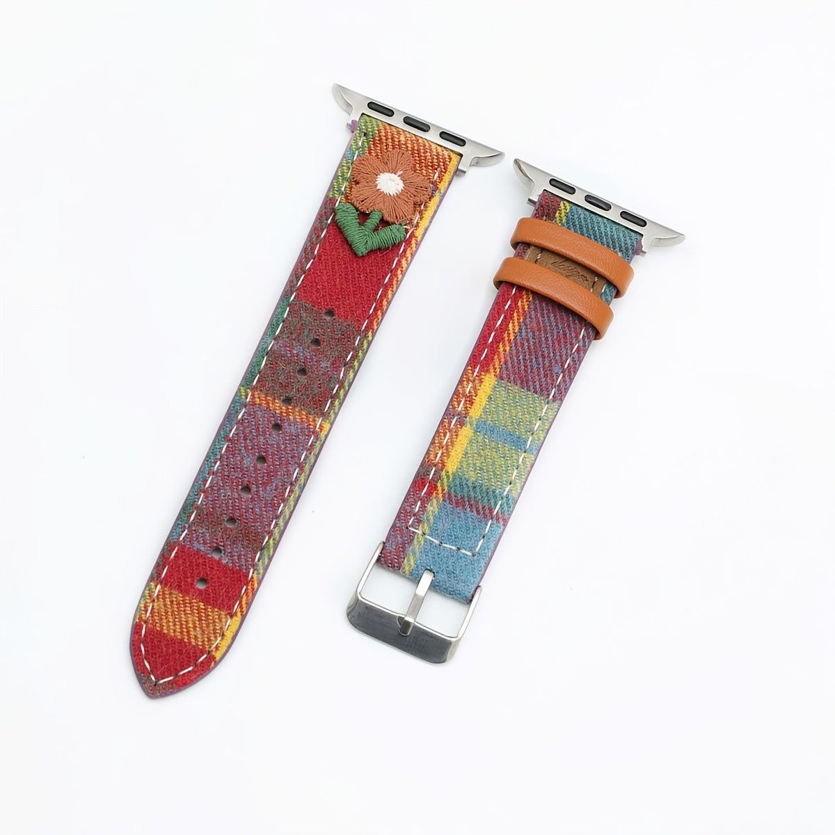 Embroidered Floral Plaid Watch Band