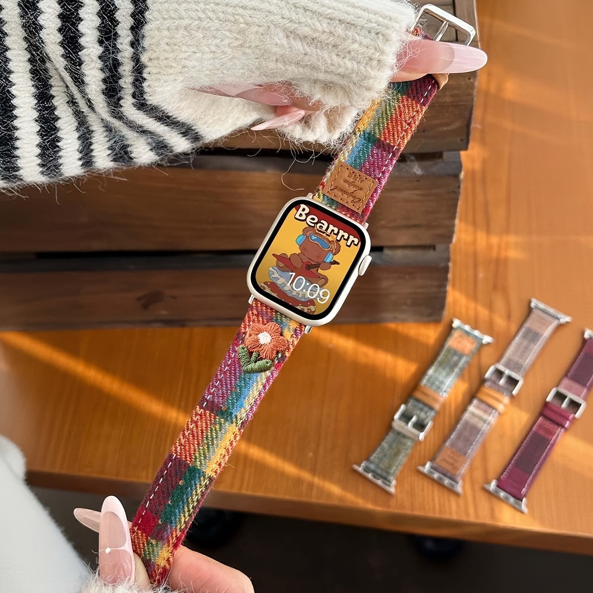 Embroidered Floral Plaid Watch Band
