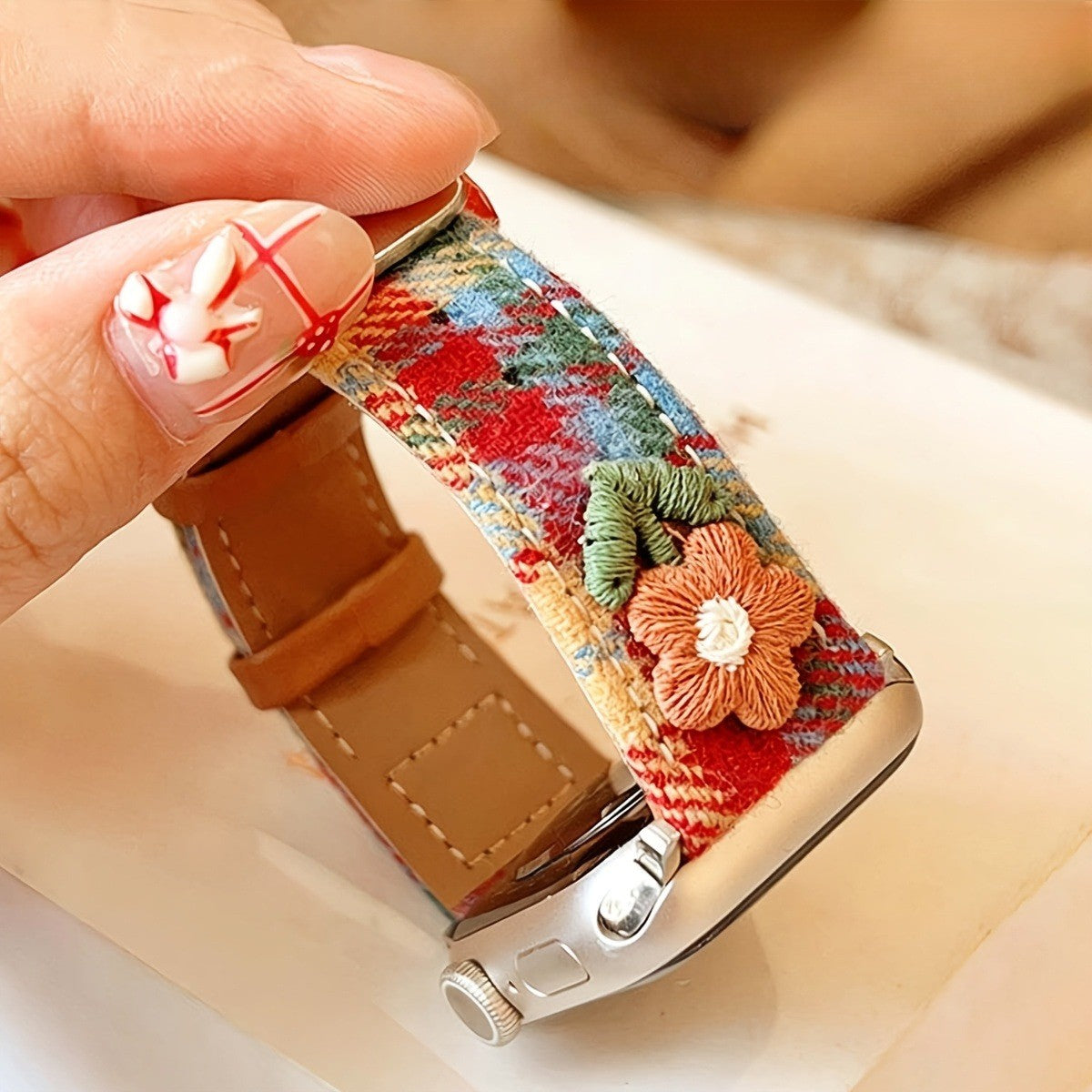 Embroidered Floral Plaid Watch Band