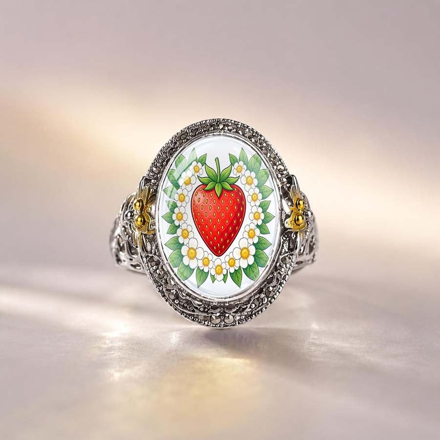 Strawberry & Daisy Glass Dome Ring