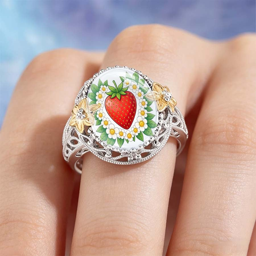 Strawberry & Daisy Glass Dome Ring