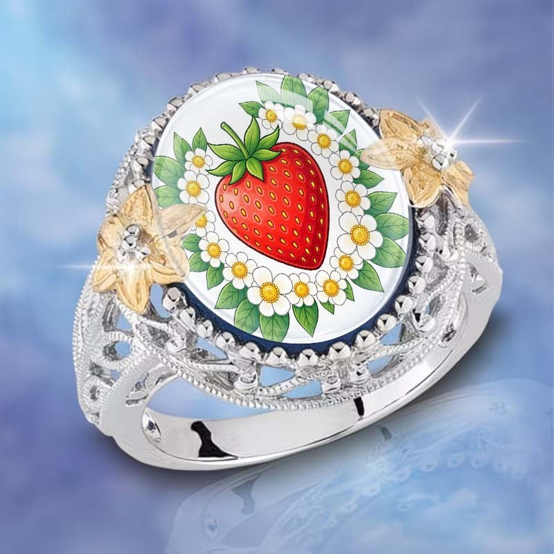 Strawberry & Daisy Glass Dome Ring