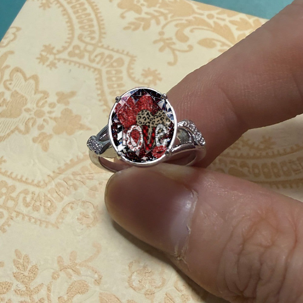 Red Glitter Love Oval Ring