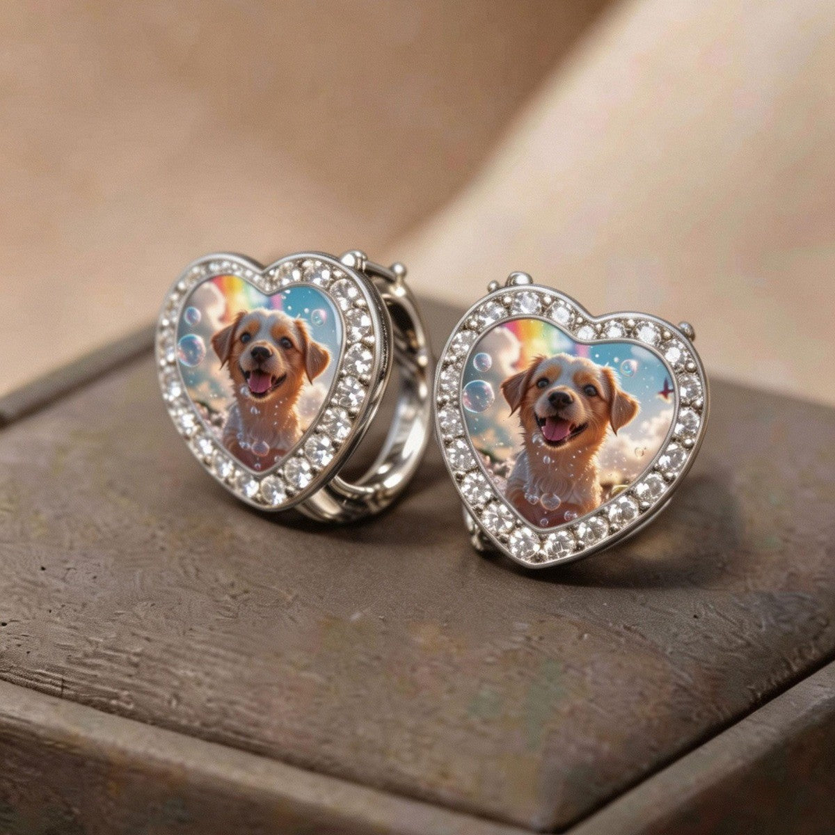 Puppy Rainbow Heart Hoop Earrings
