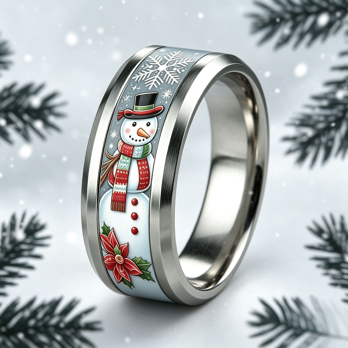 Snowman & Poinsettia Holiday Ring