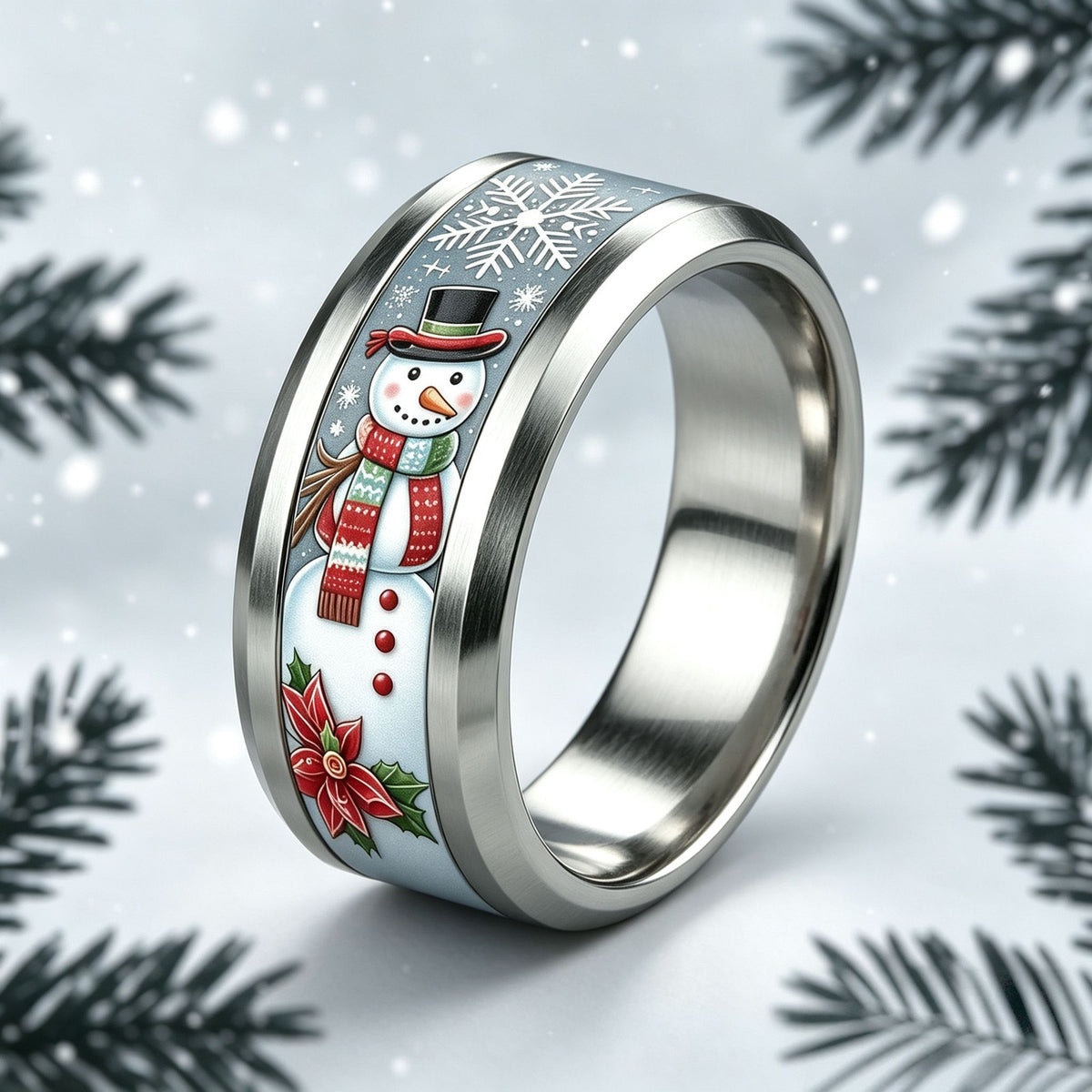 Snowman & Poinsettia Holiday Ring