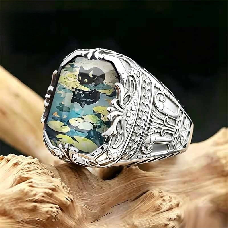 Black Cat Water Lily Square Ring