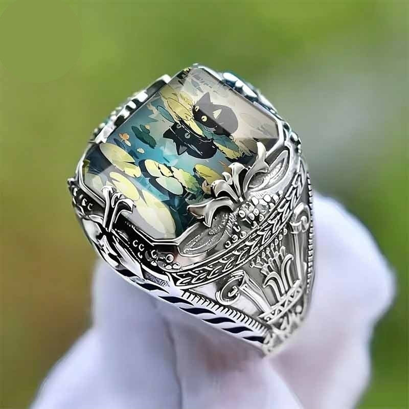 Black Cat Water Lily Square Ring